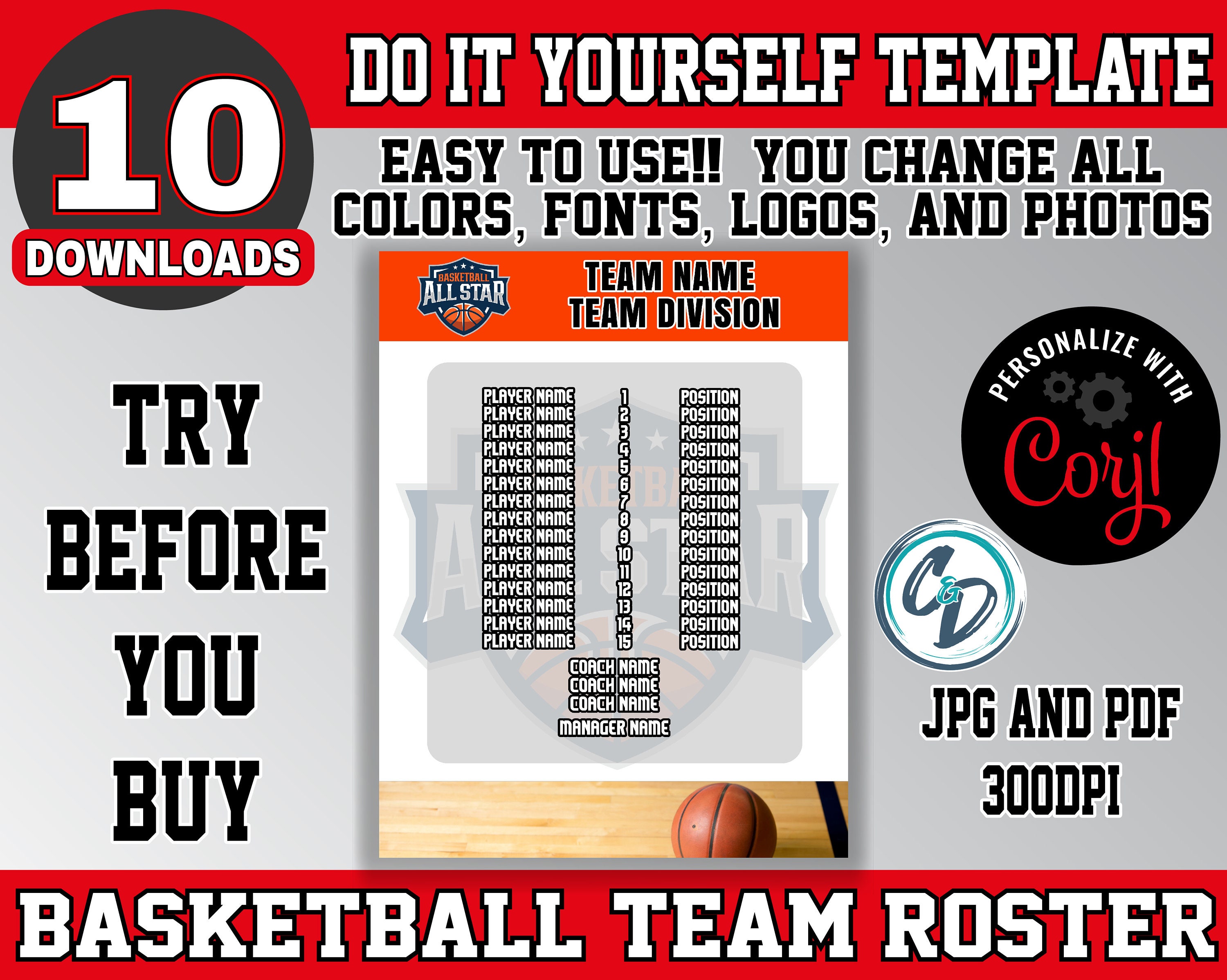 Customizable Basketball Roster Template Pack , 4 Designs Included ...