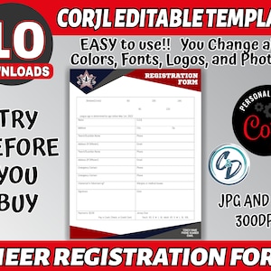 May include: A red, white, and blue cheer registration form template with the text "CORJL EDITABLE TEMPLATE" in large, bold letters. The form includes fields for name, address, phone number, email, and emergency contact information. The text "PERSONALIZE WITH CORYL" is in a black circle with a white gear icon. The text "JPG AND PDF 300DPI" is in a white rectangle with a black border.