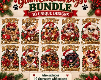 Glam Christmas Dogs PNG Bundle, 10 Christmas Dog Designs, Dog Lover Holiday PNG, Leopard Plaid Christmas, Sublimation Bundle