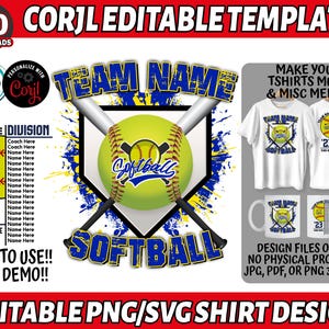 May include: A softball-themed design template with a softball, bats, and the word "Softball" in blue. Includes examples of t-shirts and mugs. Text includes "Team Name", "Division", and "Easy to Use!! Free Demo!!".