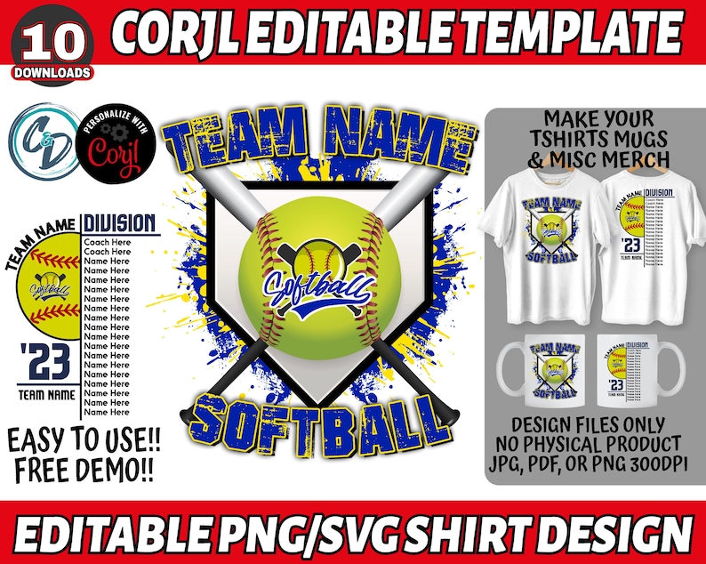 May include: A softball-themed design template with a softball, bats, and the word "Softball" in blue. Includes examples of t-shirts and mugs. Text includes "Team Name", "Division", and "Easy to Use!! Free Demo!!".