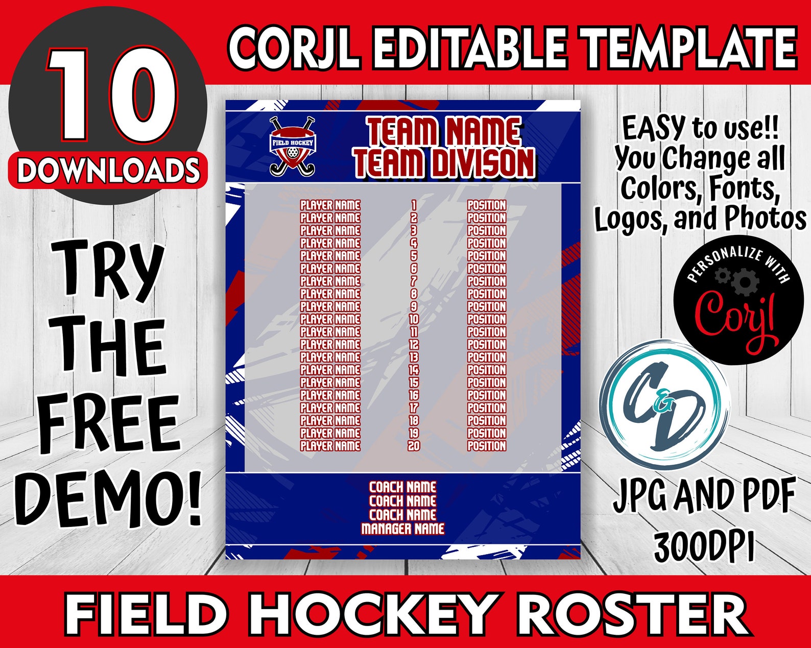 Customizable Field Hockey Roster Template, Editable Sports Roster