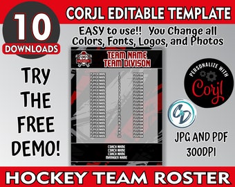 Customizable Hockey Roster Template, Editable Sports Roster Design, Corjl Editable Hockey Team Roster Maker, Custom Hockey Design