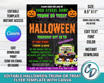 Custom Schul-Halloween-Trunk oder Leckerei Flyer Design - Bearbeitbare Spooktakel-Einladung! DIY Canva Bearbeitbare Halloween Flyer Vorlage.
