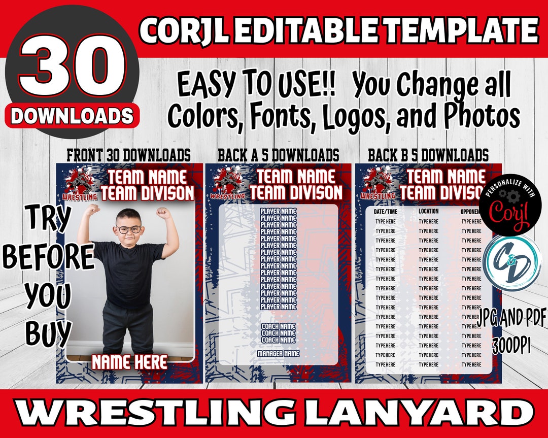 Customizable Wrestling Lanyard Template Editable Sports Wrestling