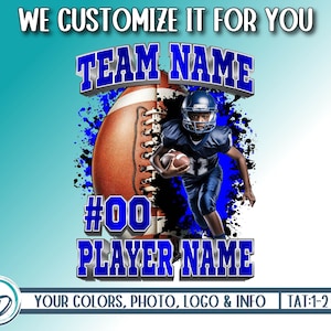 May include: A blue and black football themed graphic with a football player running with the ball. The graphic includes the text "TEAM NAME #00 PLAYER NAME".