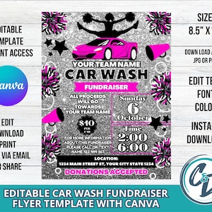 Cheerleader Car Wash Fundraiser Flyer, bearbeitbarer Cheer Car Wash Fundraiser, editierbarer Canva Vorlage Schule Fundraiser Digitaler Download Silber