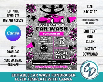 Folleto de recaudación de fondos de Cheerleader Car Wash, recaudación de fondos de Cheer Car Wash editable, plantilla Canva editable para recaudación de fondos escolares Descarga digital Plata