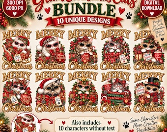Glam Christmas Cats PNG Bundle, 10 Christmas Cat Designs, Cat Lover Holiday PNG, Leopard Plaid Christmas, Sublimation Bundle
