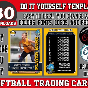 Modelo de cartão de softball personalizável - Design de cartão esportivo editável, modelo de cartão de softball editável Corjl, cartão colecionável de softball personalizado