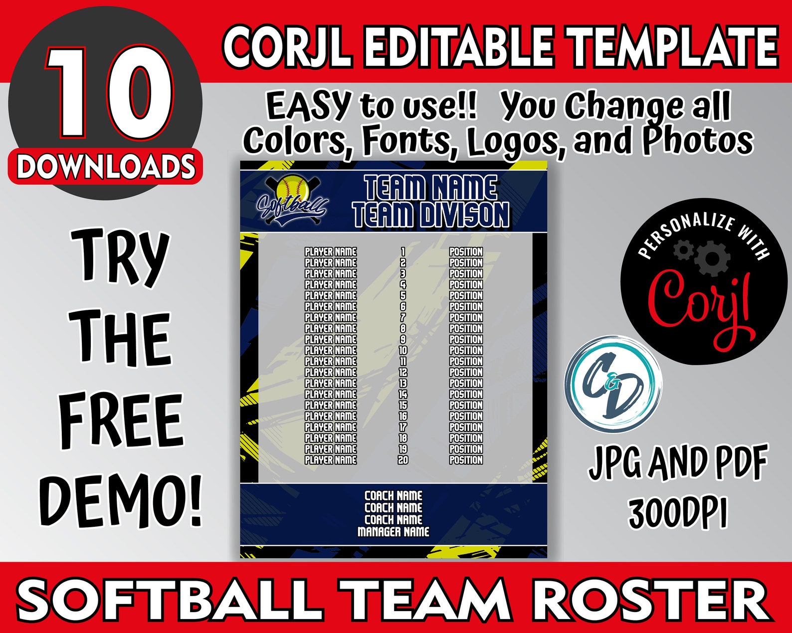 Softtball Roster Template Customizable Softball Roster Template Pack , 4 Designs Included, Corjl ...