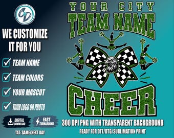 Custom Cheer Bow Shirt Design | Glitter Coquette Cheer Graphic | Personalized Team Spirit Wear | Trendy Cheerleader Shirt Design