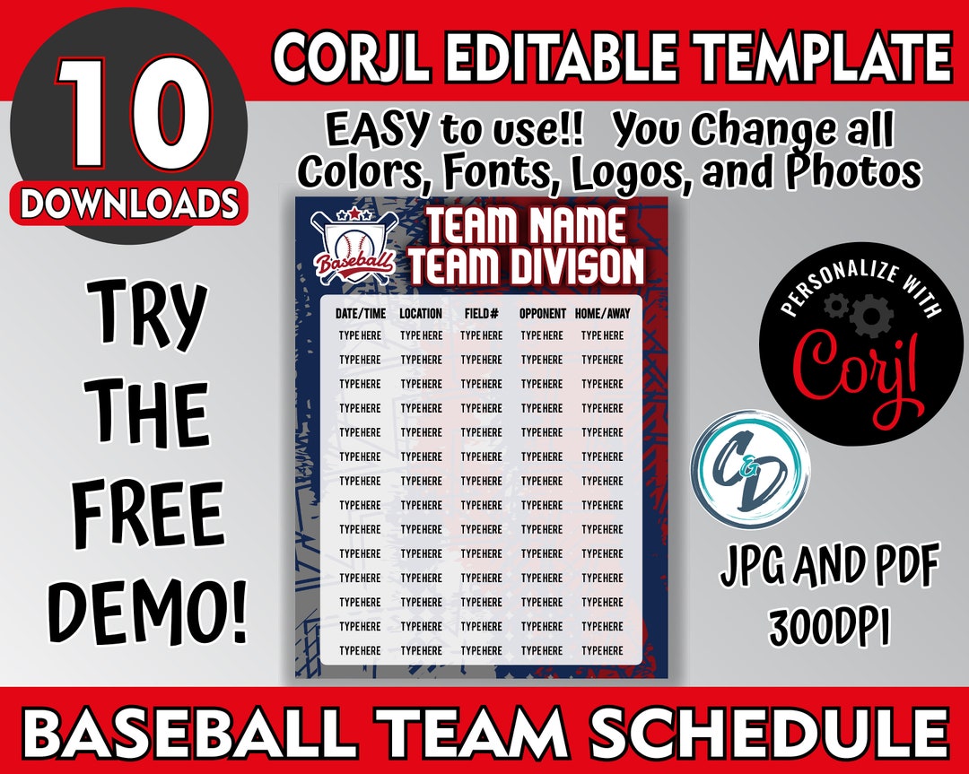 Customizable Baseball Schedule Template, Editable Sports Schedule Design, Corjl Editable