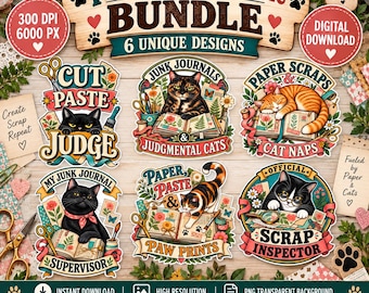 Junk Journal Cat PNG Bundle, Scrapbooking Cat Designs, Paper Craft PNG, Cat Lover Junk Journal, Scrapbook Digital Download