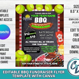 Softball BBQ Fundraiser Flyer, Editable Softball BBQ Cook Out Fundraiser, Editable Canva Template School Fundraiser Digital Download