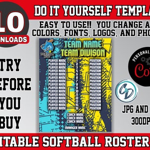Customizable Softball Roster Template, Editable Sports Roster Design ...