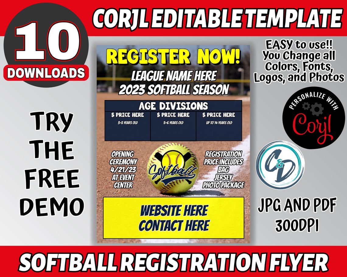 Register Form Flyer Customizable Softball Registration Pack, Editable Sports Registration ...