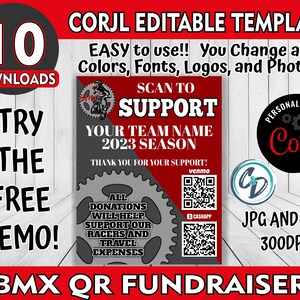 Modèle personnalisable de collecte de fonds BMX, Flyer modifiable de code QR de course de vélos, Créateur de collecte de fonds modifiable Corjl, Idées de dons d'équipes de BMX