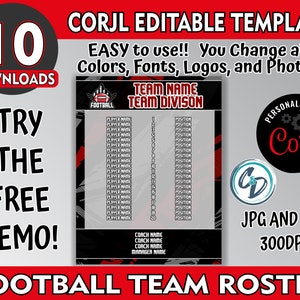 Customizable Football Roster Template, Editable Sports Roster Design, Corjl Editable Football Roster Maker, Custom Football Design