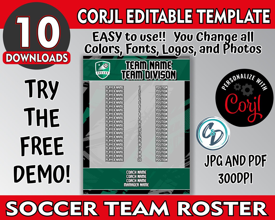 Customizable Soccer Roster Template, Editable Sports Roster Design ...