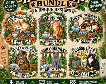 Herbs & Cat Life Bundle PNG, Cat Lover Herbal Tea Designs, Garden Herb PNG, Cottagecore Cat Clipart, Tea Lover Digital Download