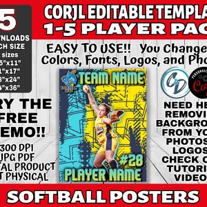 Corjl Editable Softball Poster Pack, Softball Posters 4 Size 5 Downloads, Custom Softball Player Poster Template, Easy Editable Poster