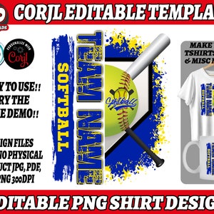 May include: Editable graphic design template featuring a softball, bats, and the text "Team Name Softball". The design is set against a blue and yellow background with a grunge effect.