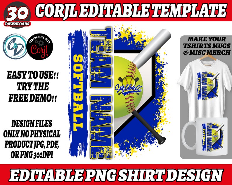 May include: Editable graphic design template featuring a softball, bats, and the text "Team Name Softball". The design is set against a blue and yellow background with a grunge effect.