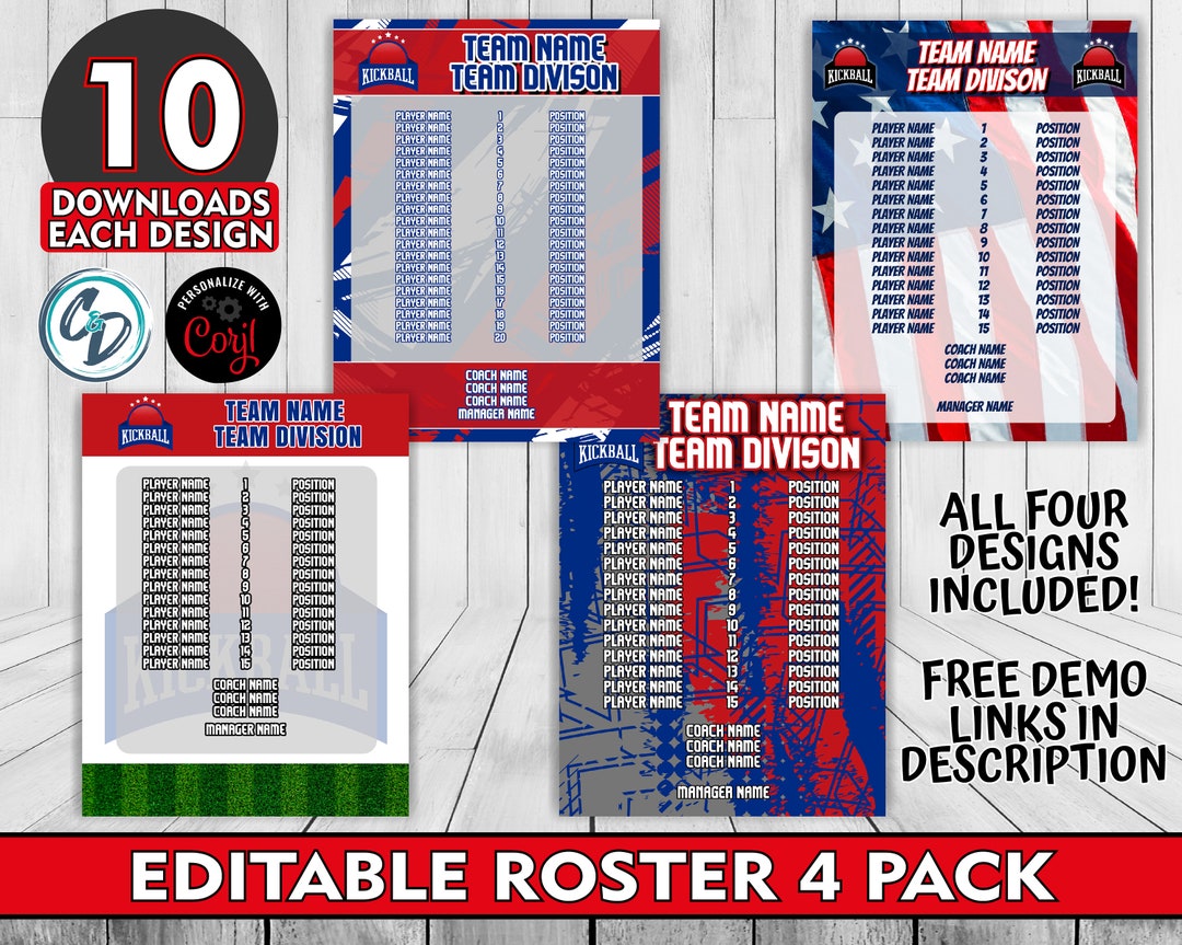 Customizable Kickball Roster Template Pack , 4 Designs Included, Corjl Customizable Kickball Roster Template Pack , 4 Designs Included, Corjl