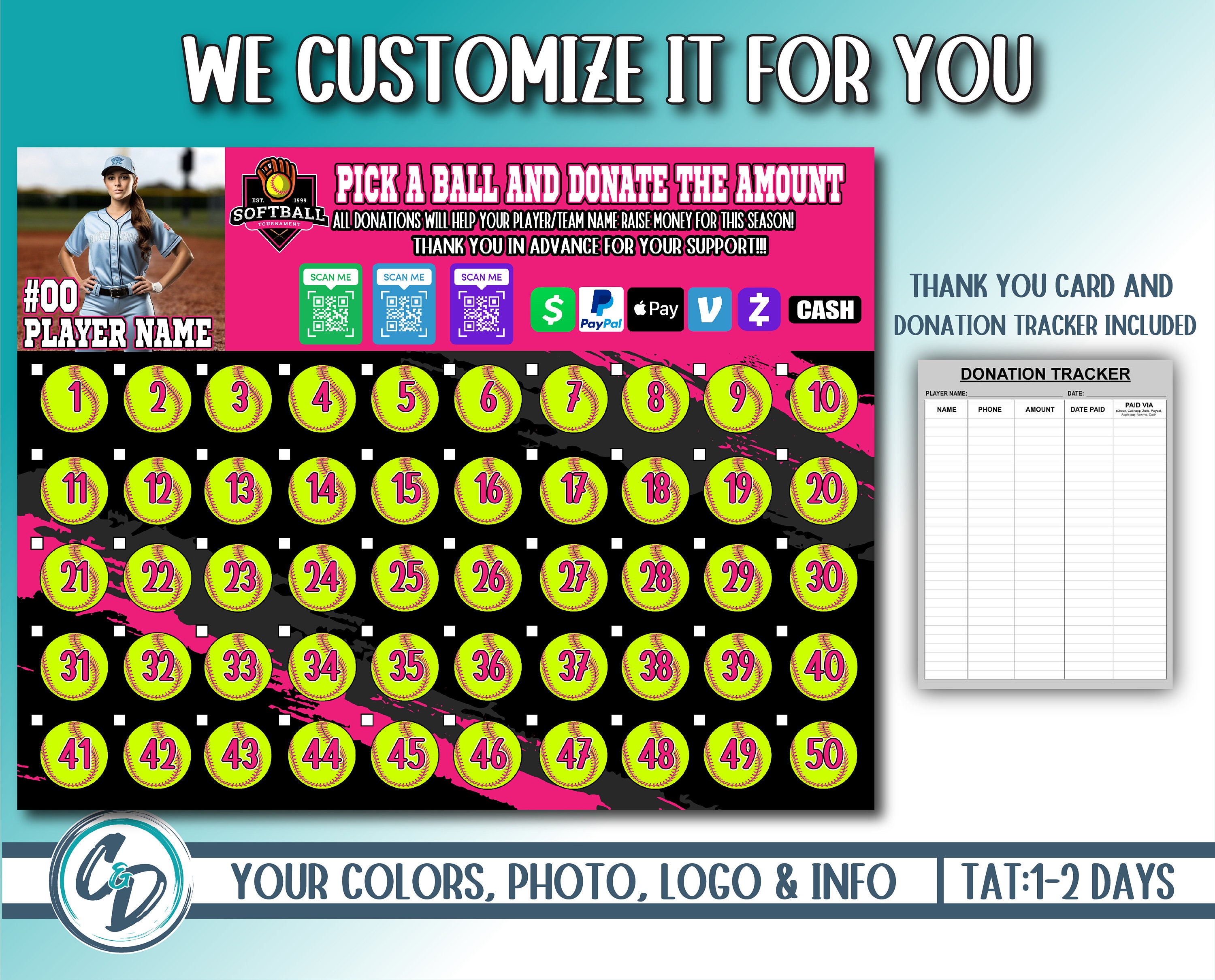 Custom Softball Pick a Number Fundraiser, Personalized Softball Digital ...