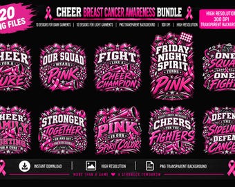 Breast Cancer Awareness Cheer PNG Bundle, 10 Pink Out Cheer Designs, Cheer for a Cure PNG, Instant Download, Dtf Dtg Sublimation Designs