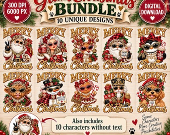 Glam Christmas PNG Bundle, 10 Christmas Character Designs, Leopard Plaid Santa PNG, Christmas Sublimation, Holiday Digital Download