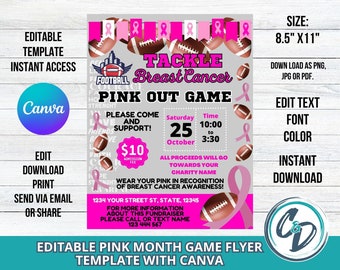 Mes de Concientización sobre el Cáncer de Mama en el Fútbol Americano, Volante Editable del Juego, Volante del Evento del Mes Rosa, Plantilla Editable de Canva, Juego del Mes Rosa del Fútbol Americano