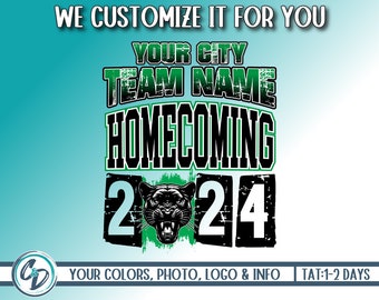 May include: Black and green graphic design with the text "YOUR CITY TEAM NAME HOMECOMING 2024".