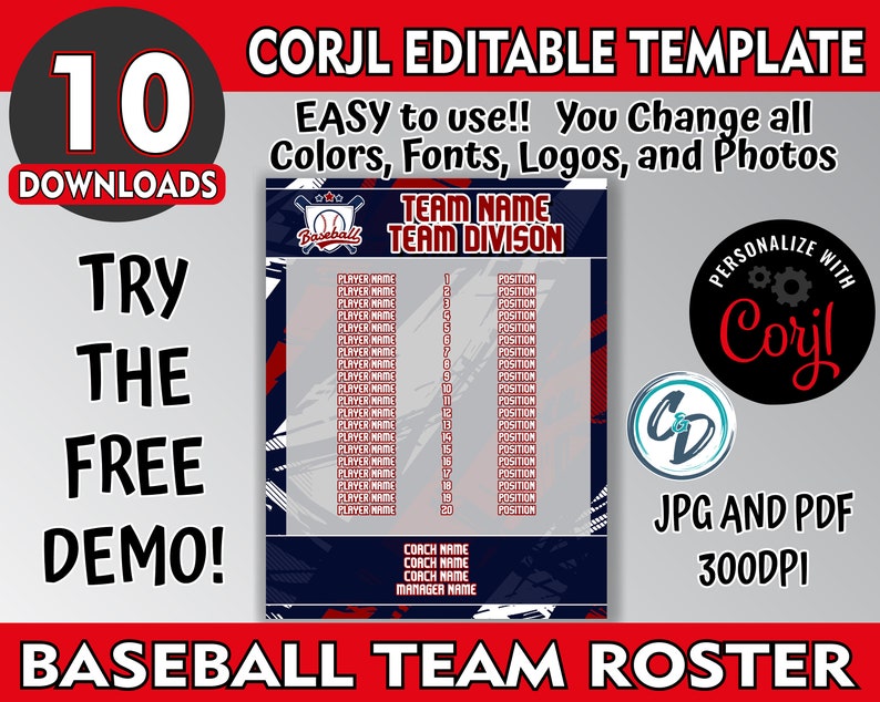 Baseball Roster Print Customizable Baseball Roster Template Pack , 4 Designs Included, Corjl ...