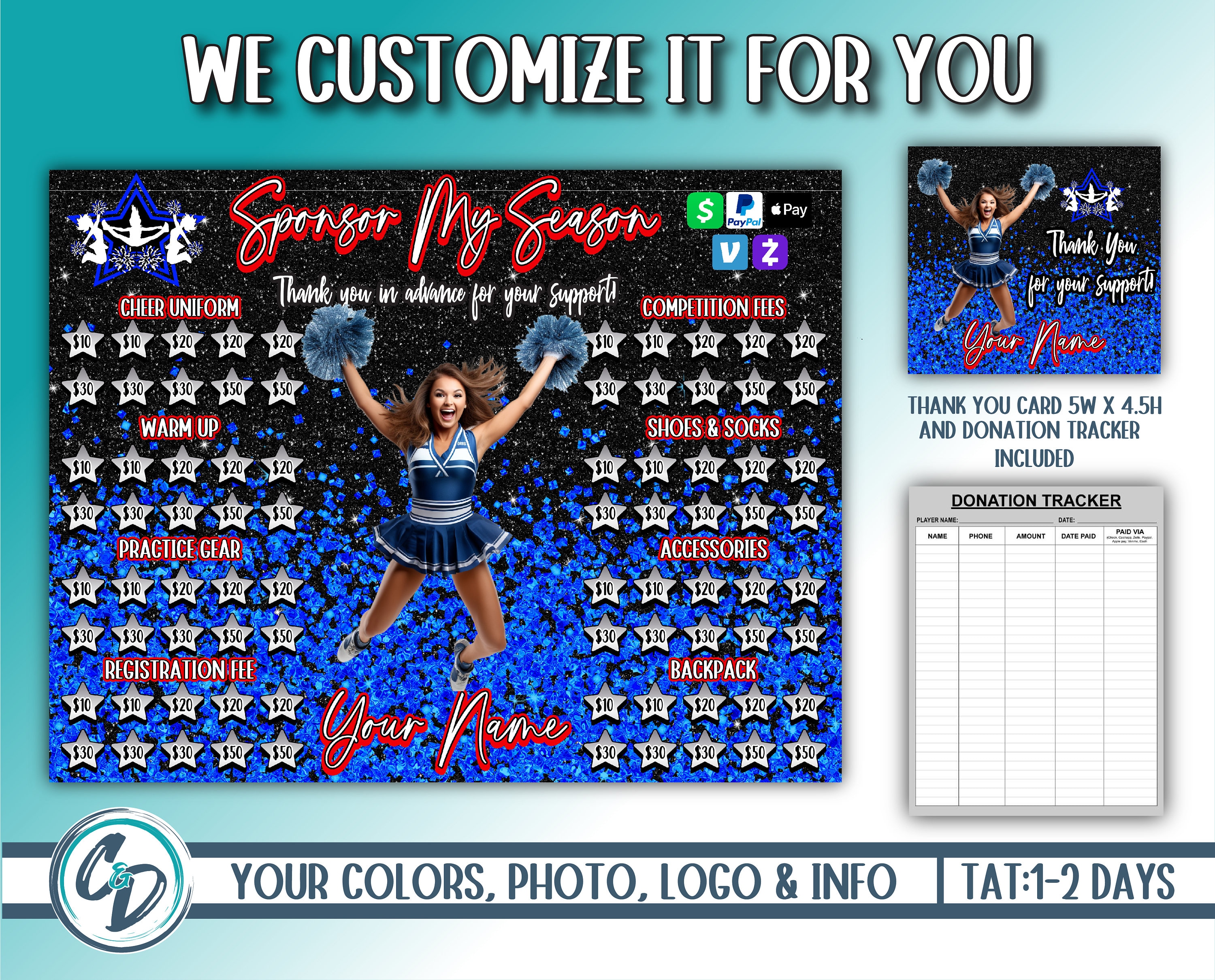 Custom Cheerleading Sponsor My Season Fundraiser, Personalized Cheer Digital Fundraiser, Cheerleader Donations Ideas, We Customize For You!