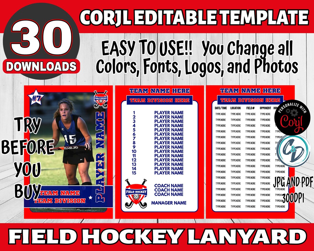 Customizable Field Hockey Lanyard Template Editable Sports Tournament