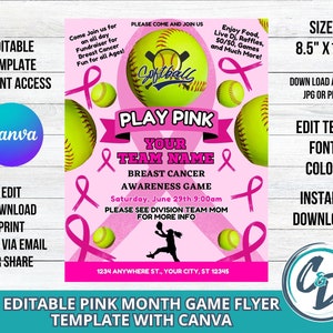 Softball Breast Cancer Awareness Month, Editable Game Flyer, Pink Month Event Flyer, Editable Canva Template, Softball Play Pink Game