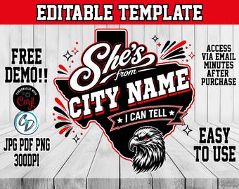 Corjl Editable Texas Team Shirt Template | She's From The City And I Can Tell | Custom Mascot School Spirit Football Cheer PNG  | Trending