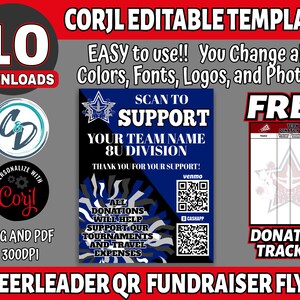 May include: A blue and black cheerleader fundraiser flyer with a QR code for donations. The flyer says "Scan to Support" and includes the team name and division. It also includes a donation tracker.