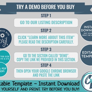 May include: An instructional graphic with teal and navy blue elements. It guides users through a demo process for an editable template, including steps to access the listing description, read the description, and paste a link in Google Chrome. The template is letter size, 8.35" x 11".