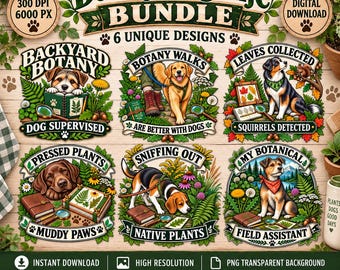 Botany Dog Life Bundle PNG, Dog Lover Botanical Designs, Plant Lover PNG, Gardening Dog PNG, Nature Lover Digital Download