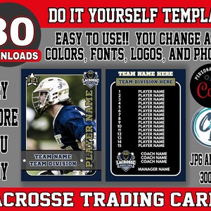 Modelo de cartão de lacrosse personalizável - design de cartão esportivo editável, modelo de cartão de lacrosse editável Corjl, cartão colecionável de lacrosse personalizado
