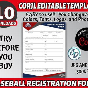 Pu&ograve; includere: Un modello di modulo di registrazione di baseball stampabile con uno schema di colori rosso, bianco e blu. Il modello &egrave; modificabile e include campi per le informazioni del giocatore, i dettagli di contatto e i contatti di emergenza. Il testo "PERSONALIZZA CON CORYL" &egrave; in un cerchio nero con sfondo rosso.