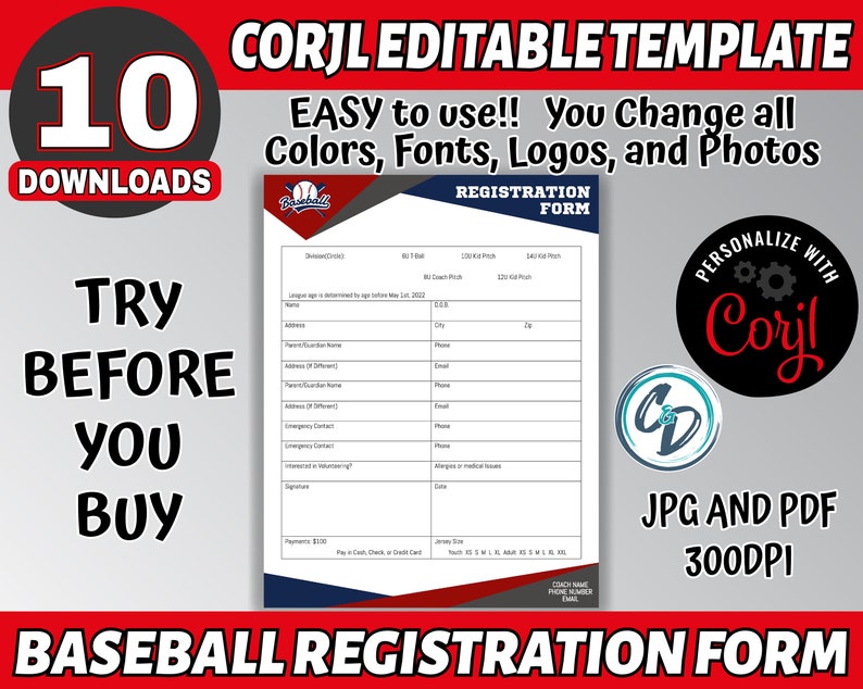Pu&ograve; includere: Un modello di modulo di registrazione di baseball stampabile con uno schema di colori rosso, bianco e blu. Il modello &egrave; modificabile e include campi per le informazioni del giocatore, i dettagli di contatto e i contatti di emergenza. Il testo "PERSONALIZZA CON CORYL" &egrave; in un cerchio nero con sfondo rosso.