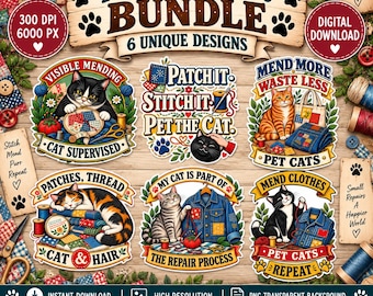 Visible Mending Cat PNG Bundle, Patching Cat Life Designs, Sewing Cat PNG, Patchwork Mending, Crafter Cat Digital Download