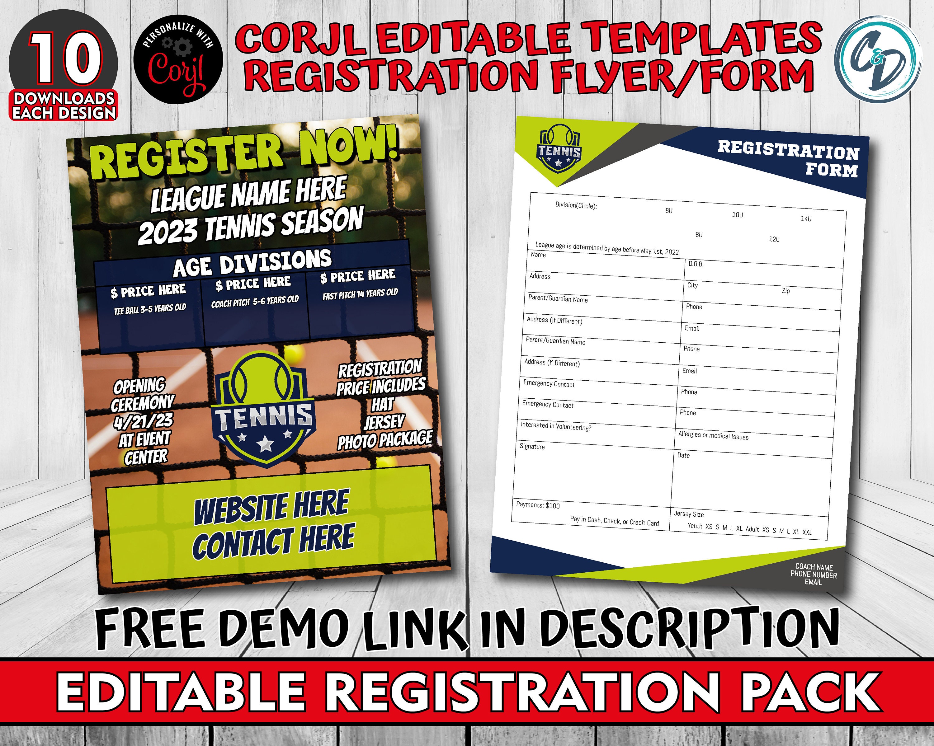 Customizable Tennis Registration Pack, Editable Sports Registration Flyer & Form, Corjl Editable Tennis Registration Maker Template