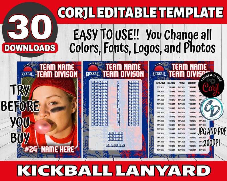 Customizable Kickball Lanyard Template Editable Sports Tournament ID Card Design, Corjl Editable