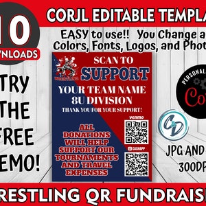 Może przedstawiać: Czerwono-niebieski szablon zbiórki pieniędzy za pomocą kodu QR na wrestling z tekstem "SCAN TO SUPPORT YOUR TEAM NAME 8U DIVISION THANK YOU FOR YOUR SUPPORT!" oraz kodami QR dla Venmo i CashApp. Szablon jest edytowalny i zawiera tekst "ALL DONATIONS WILL HELP SUPPORT OUR TOURNAMENTS AND TRAVEL EXPENSES".