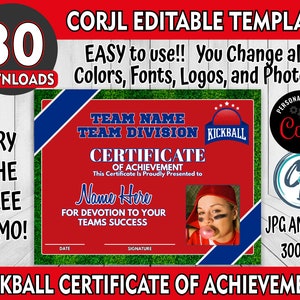 Personalized Kickball Certificate Template | Editable Sports Award | Printable Template, Corjl Editable Certificate Maker Custom Award